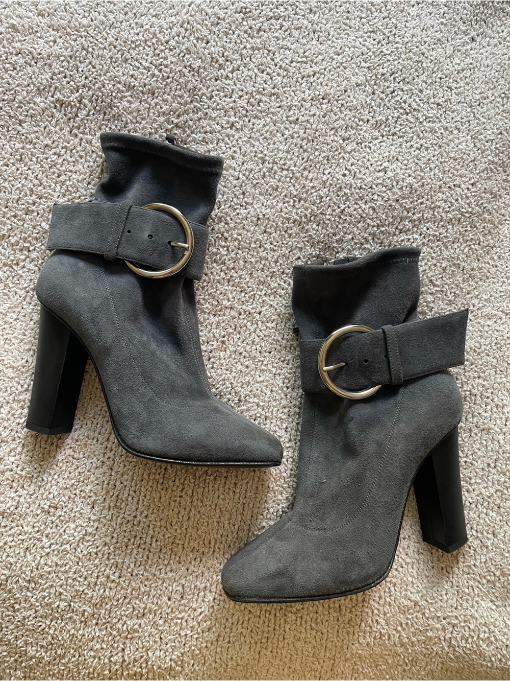 Giuseppe Zanotti Gray Suede Heel Ankle Boots with Gold Buckle
